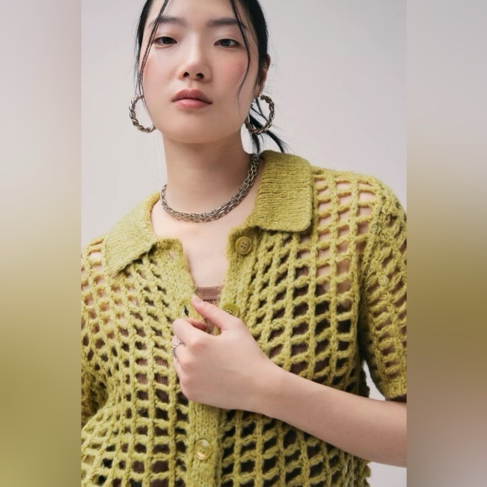 BDG For Urban Outfitters Open-Knit Short Sleeve Button Cardigan in Chartreuse - Picture 2 of 11